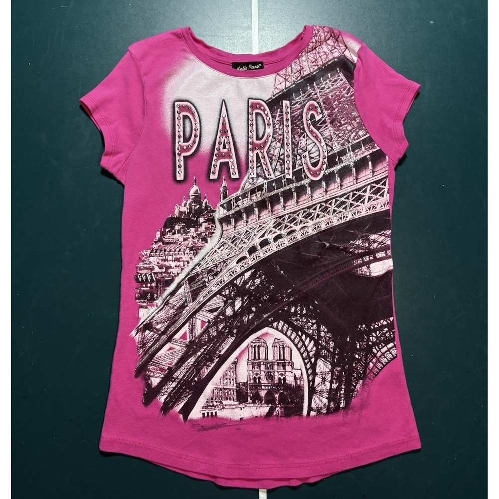 Vintage Y2K Eiffel Tower Rhinestones T-Shirt Top Women's Size 4 Pink Black Glam